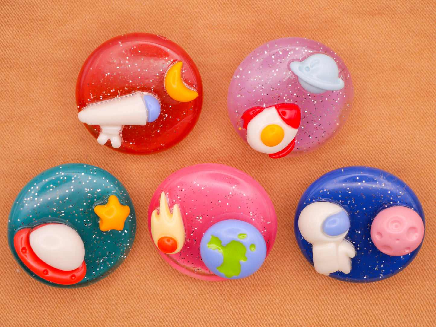 Outer Space Rocket Astronaut UFO Plastic Assorted Set of Three Buttons 24mm