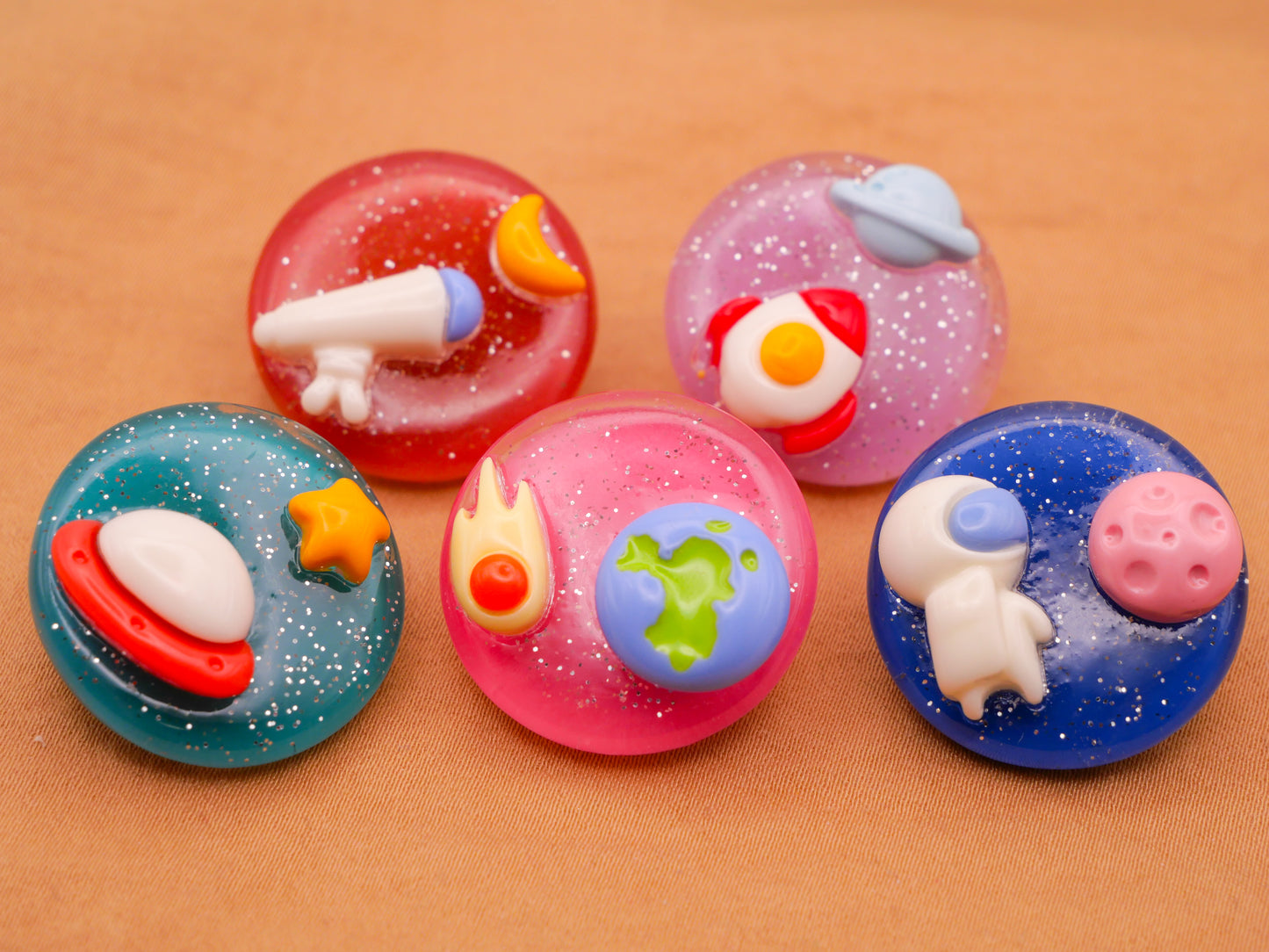 Outer Space Rocket Astronaut UFO Plastic Assorted Set of Three Buttons 24mm
