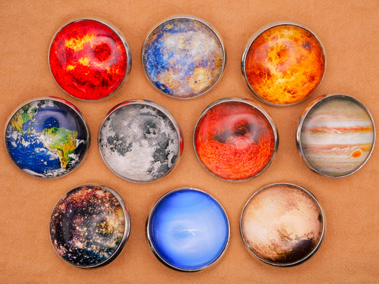 Solar System Planets Moons Sun Glass Silver Metal Set of Ten Buttons 20mm