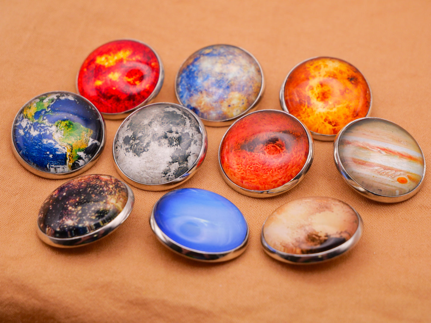 Solar System Planets Moons Sun Glass Silver Metal Set of Ten Buttons 20mm
