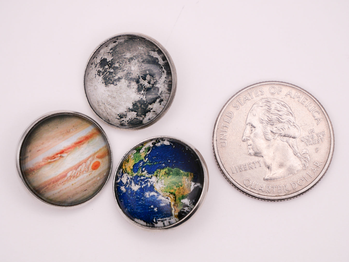 Solar System Planets Moons Sun Glass Silver Metal Set of Ten Buttons 20mm