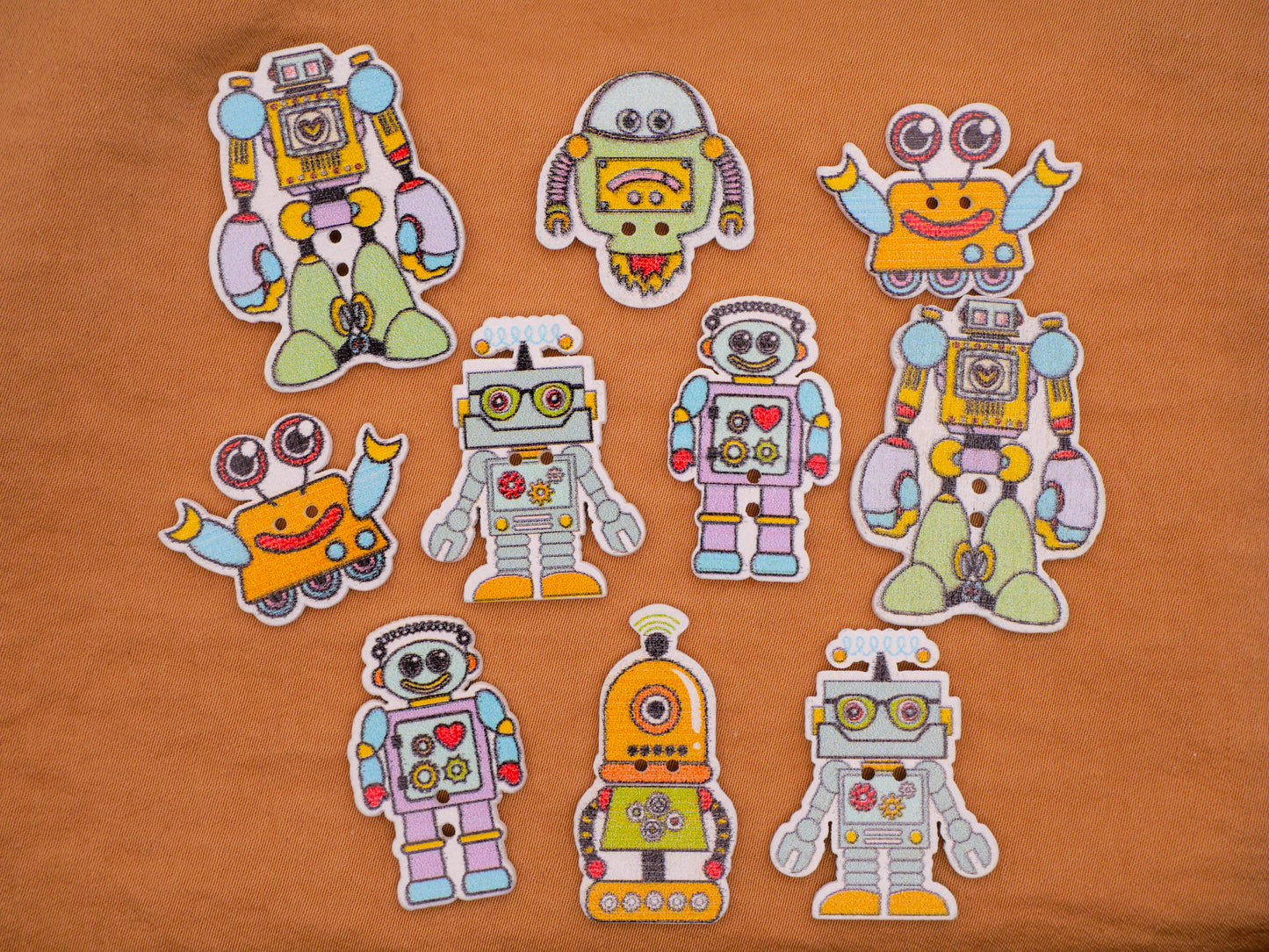 Robot Friends Colorful Wood Set of Ten Buttons 17-35mm