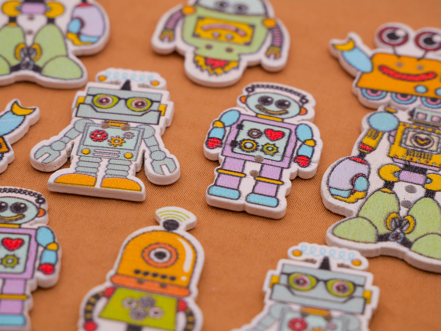 Robot Friends Colorful Wood Set of Ten Buttons 17-35mm