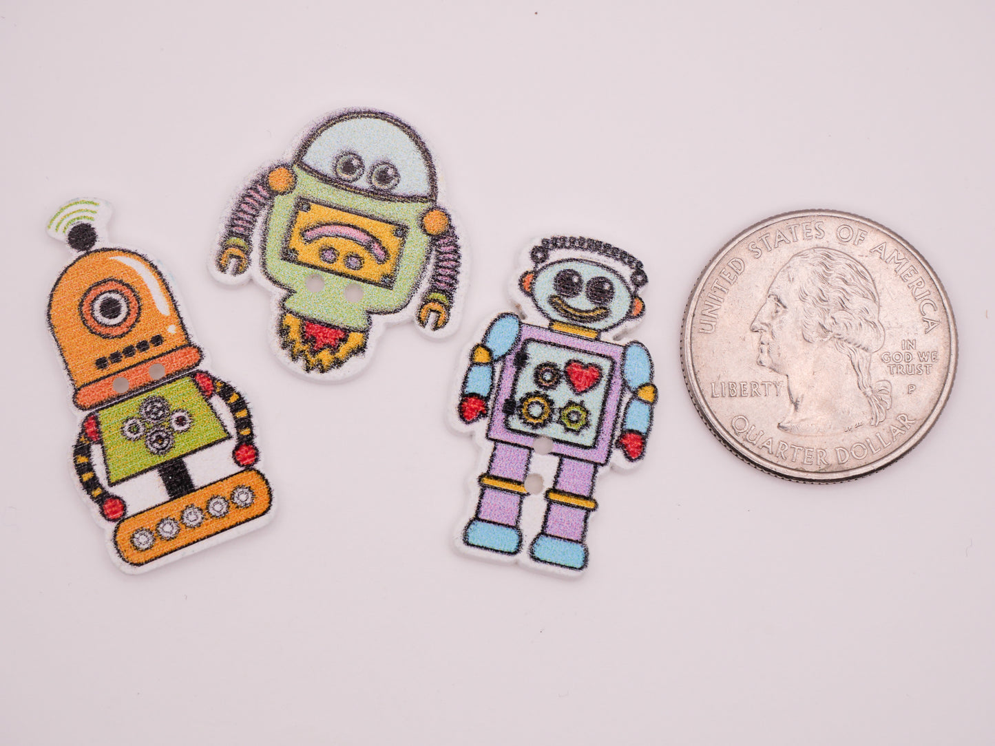 Robot Friends Colorful Wood Set of Ten Buttons 17-35mm