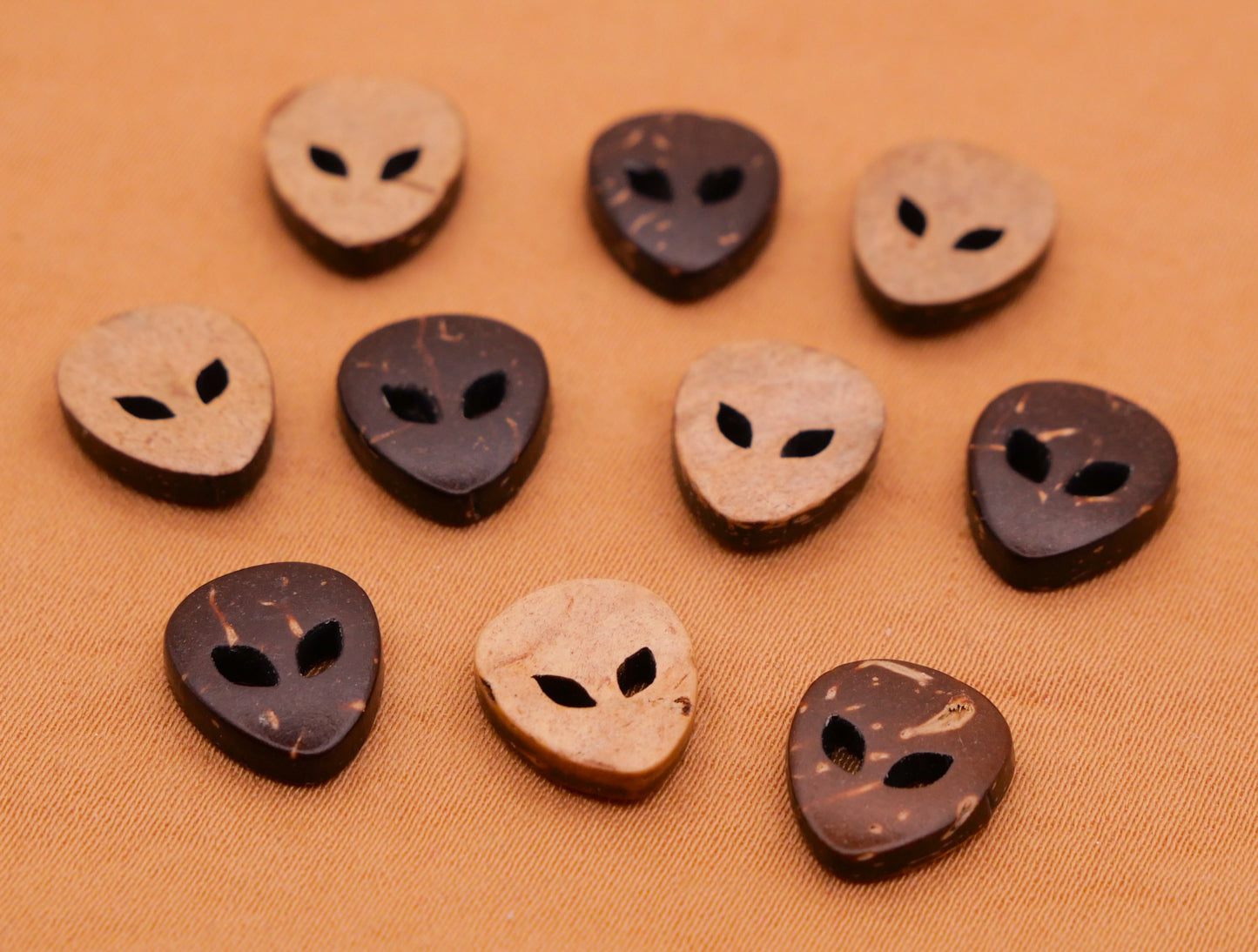 Alien Face Sew-Thru Coconut Shell Set of Ten Buttons 10x11mm
