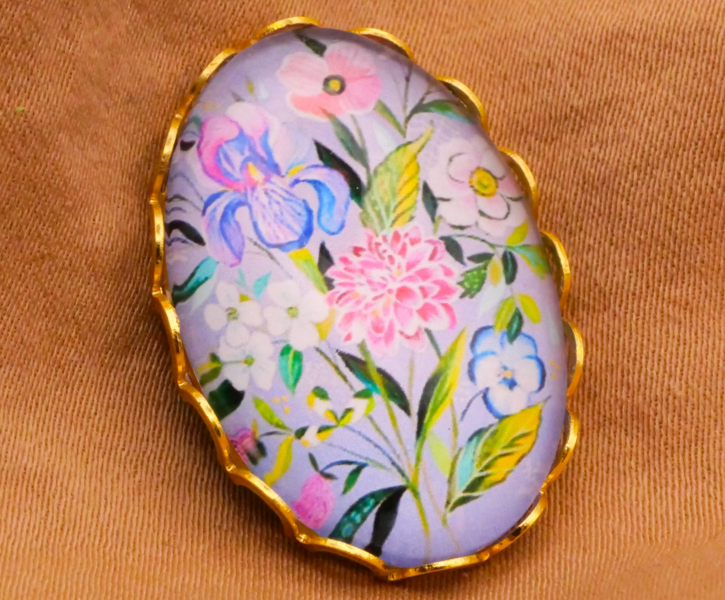 Flower Bouquet Purple Pink Blue Oval Glass Metal Button 19x26mm