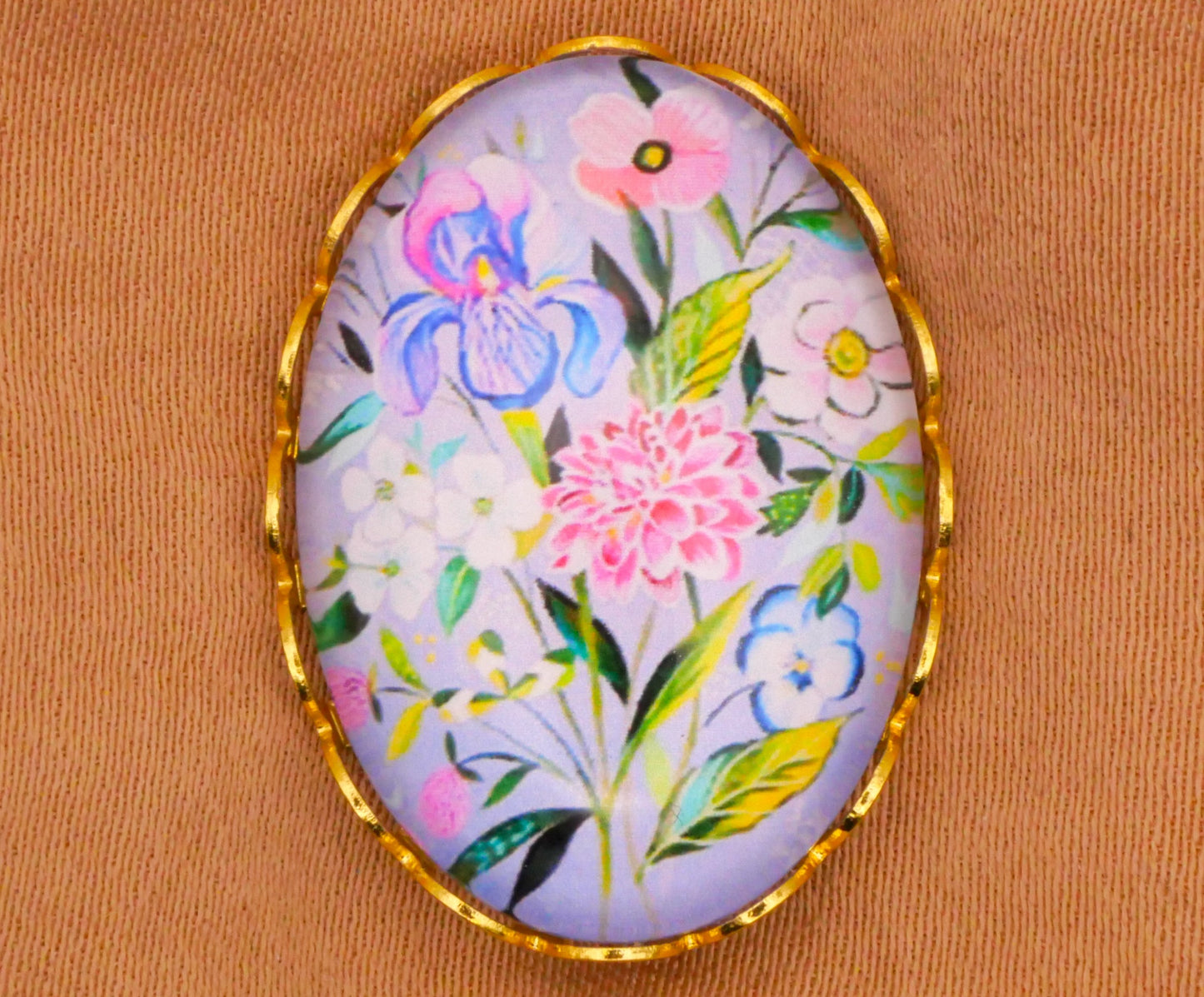 Flower Bouquet Purple Pink Blue Oval Glass Metal Button 19x26mm