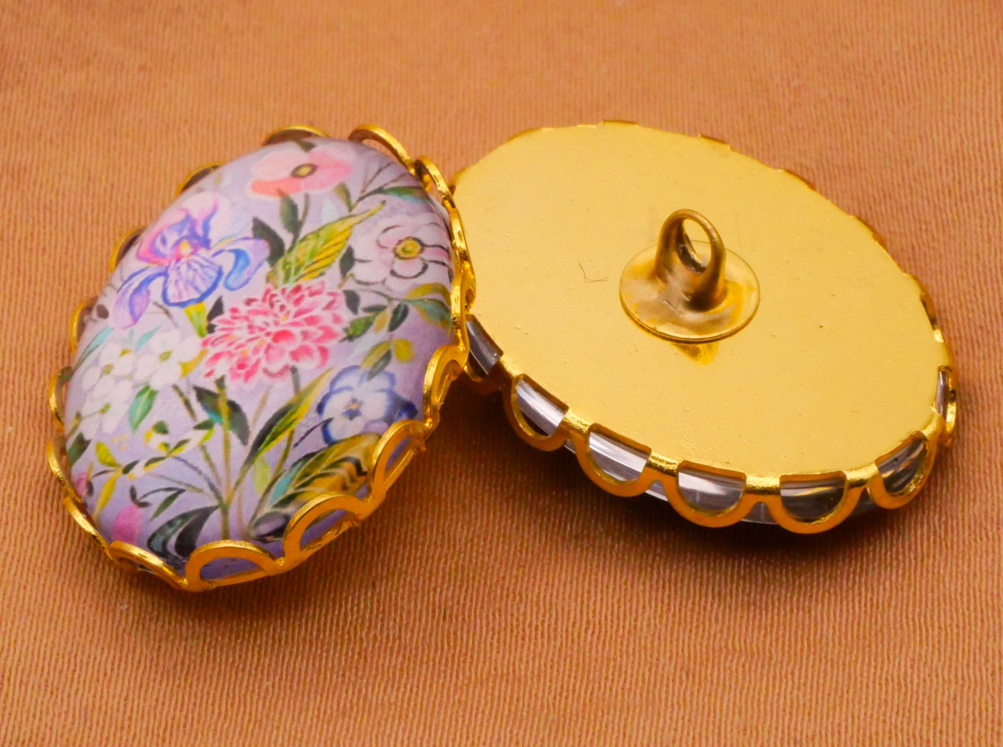 Flower Bouquet Purple Pink Blue Oval Glass Metal Button 19x26mm