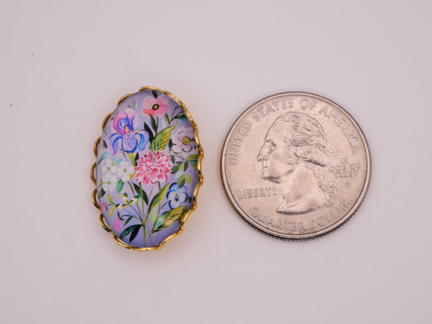 Flower Bouquet Purple Pink Blue Oval Glass Metal Button 19x26mm