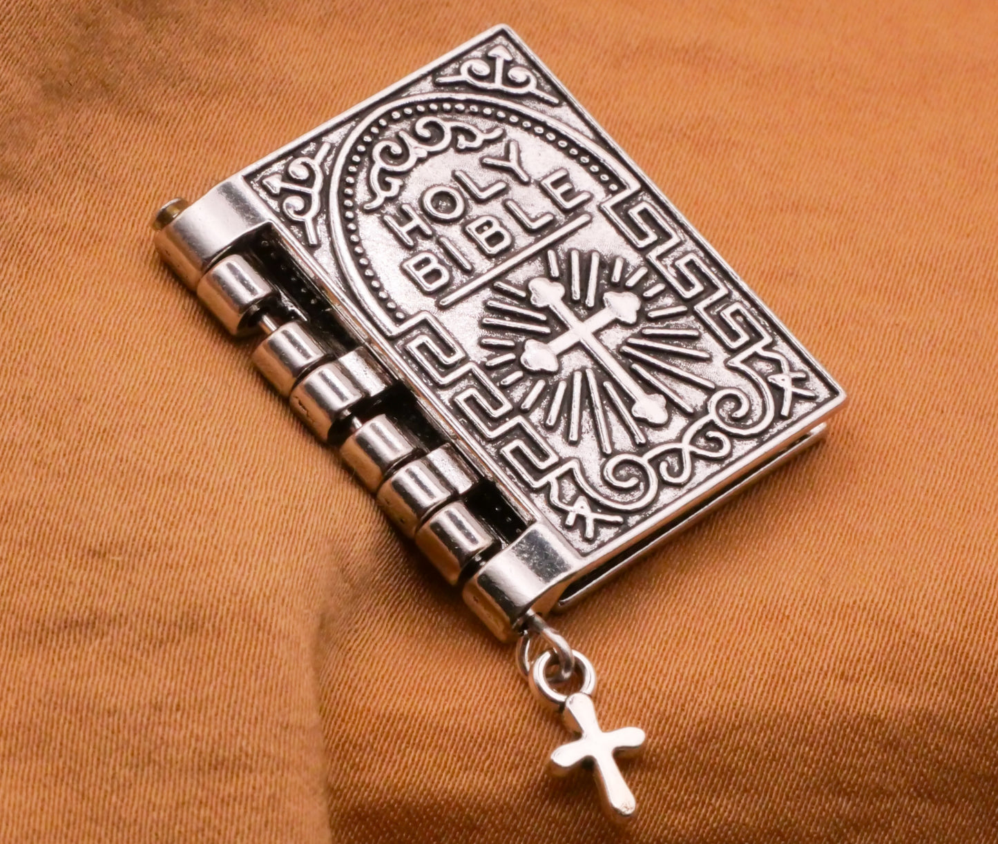 Holy Bible Cross Hinged Moveable Realistic Silver Metal Large Button 23x40mm