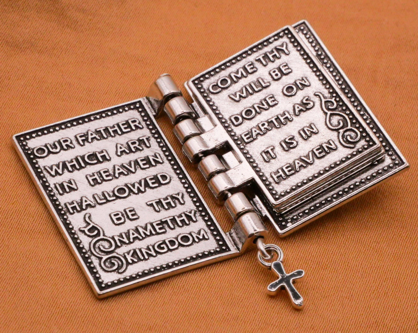 Holy Bible Cross Hinged Moveable Realistic Silver Metal Large Button 23x40mm