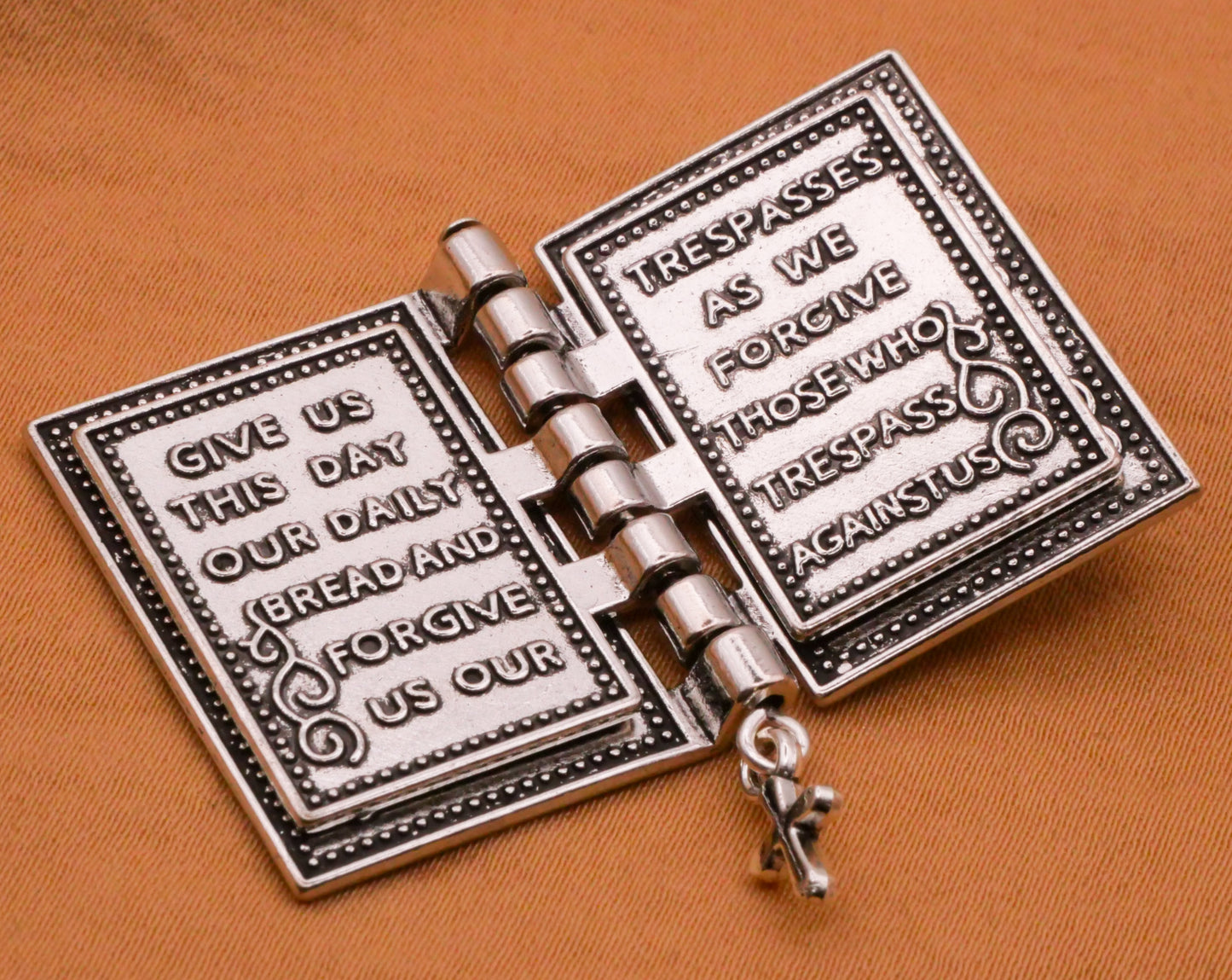 Holy Bible Cross Hinged Moveable Realistic Silver Metal Large Button 23x40mm