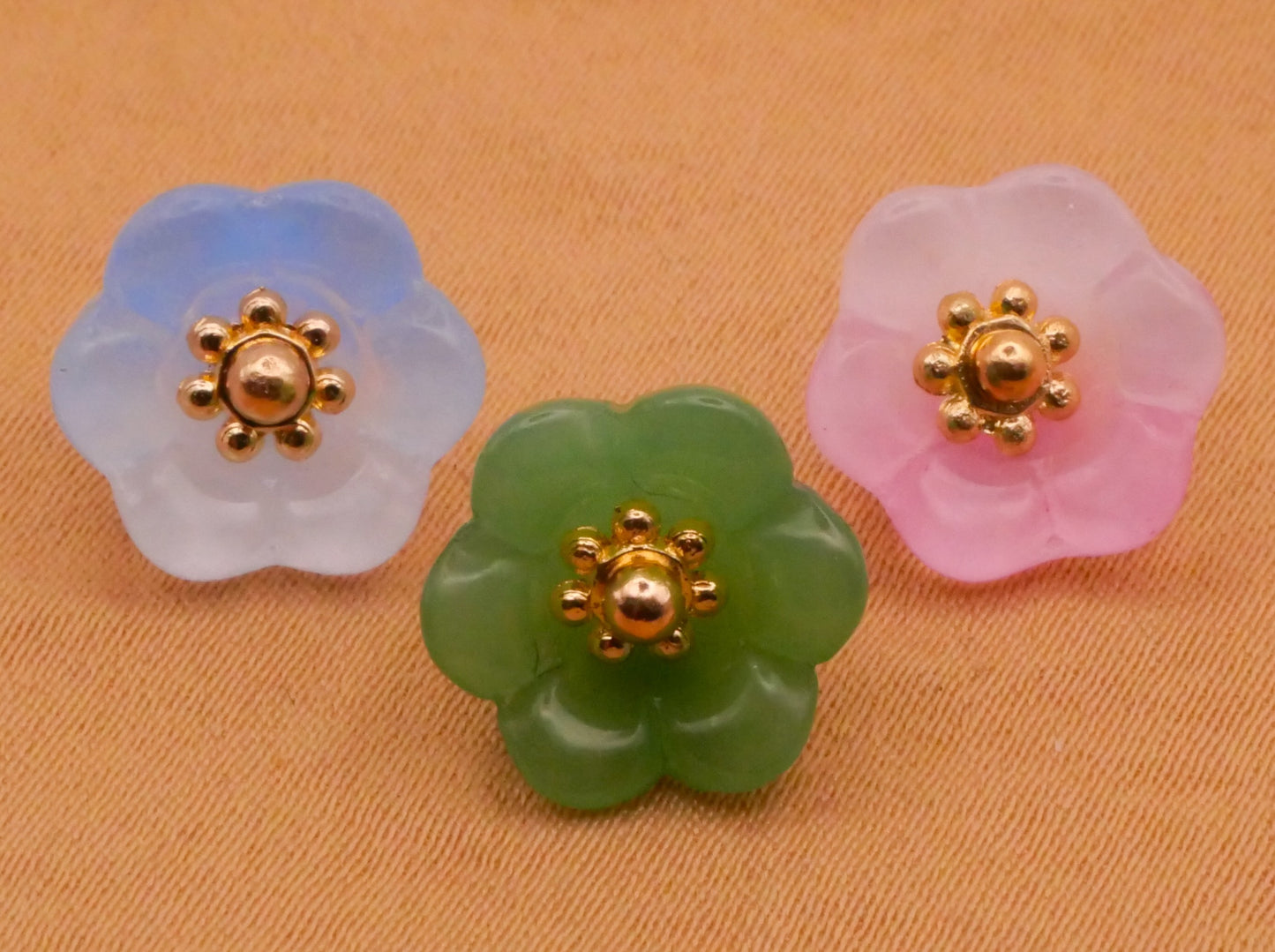 Flower Blue Green or Pink Gold Metal Center Shank Button Various 11mm