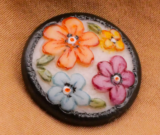 Flowers Colorful Black Edge Hand-Painted Porcelain Ceramic Button 19mm
