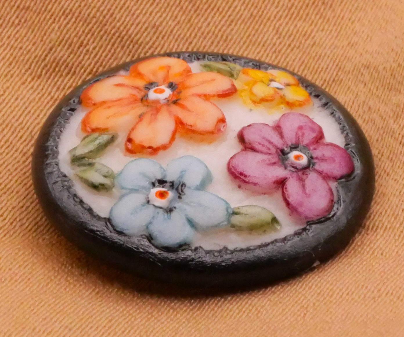 Flowers Colorful Black Edge Hand-Painted Porcelain Ceramic Button 19mm