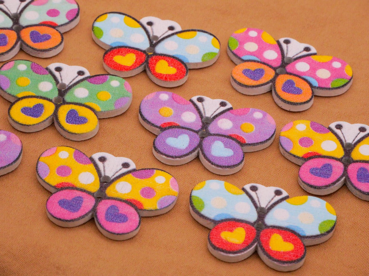 Butterfly Insect Polka Dot Heart Wings Wood Set of Ten Buttons 20x30mm
