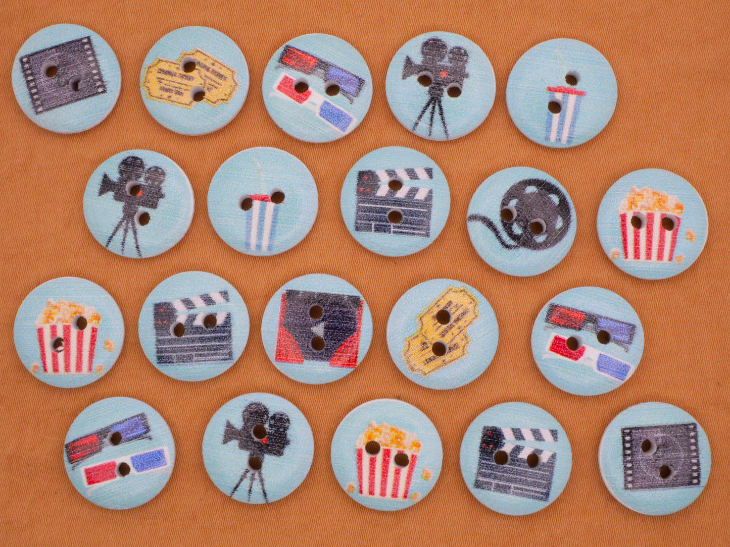 Movie Theater Themed Wood Set of Twenty Buttons 15mm