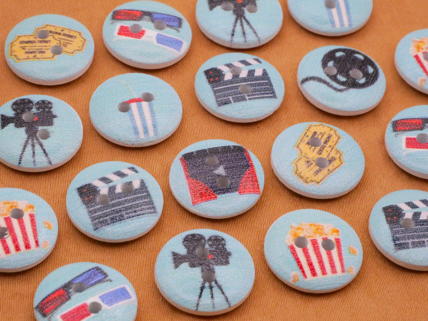 Movie Theater Themed Wood Set of Twenty Buttons 15mm