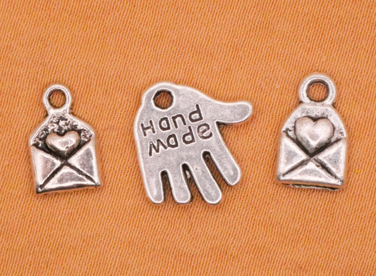 Handmade Hang Tag Silver Metal Set of Three Charms Embellishments Various 7-13mm