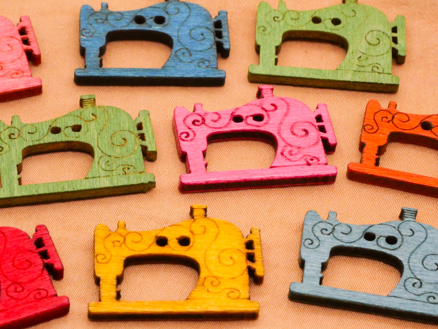 Sewing Machine Colorful Laser Cut Wood Assorted Set of Ten Buttons 20x26mm