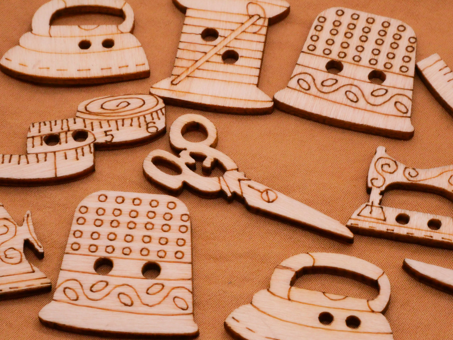 Sewing Seamstress Laser Cut Wood Assorted Set of Ten Buttons 16-40mm