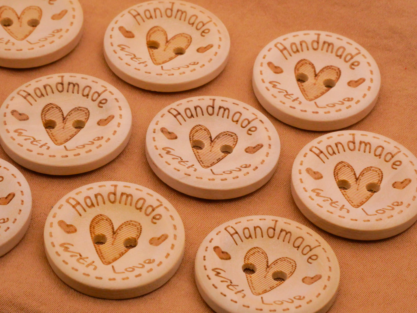 Handmade With Love Heart Wood Set of Ten Buttons 25mm