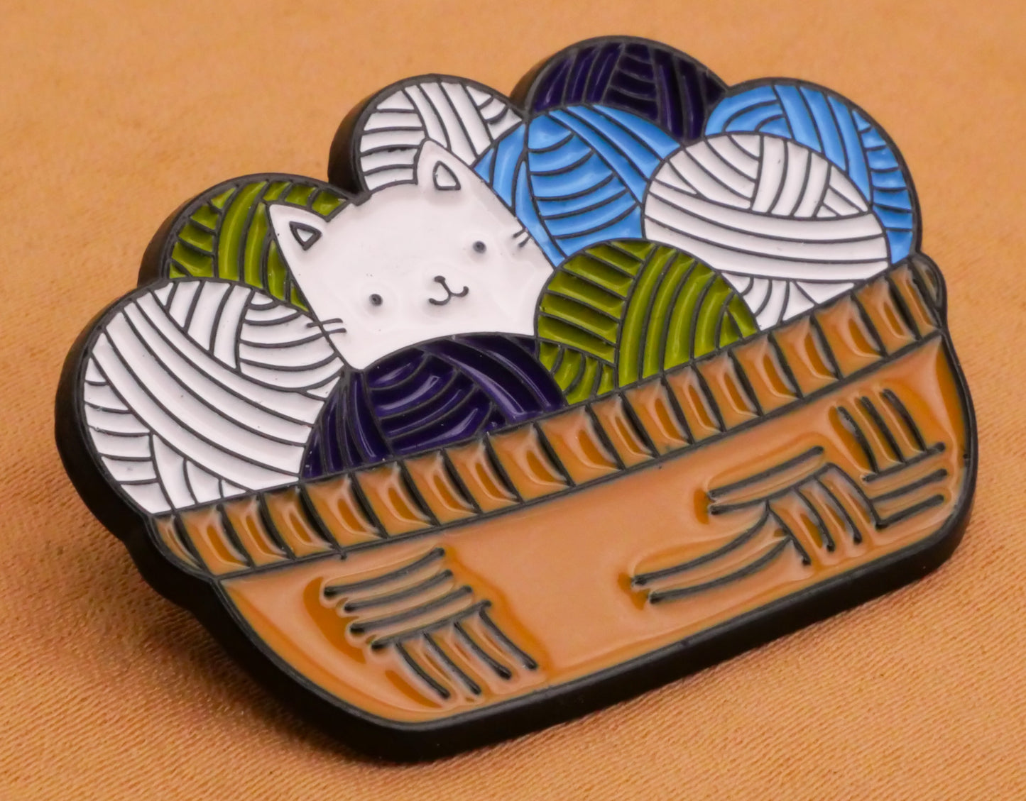 Kitty Cat Yarn Knitting Basket Enamel Metal Large Button 27x39mm