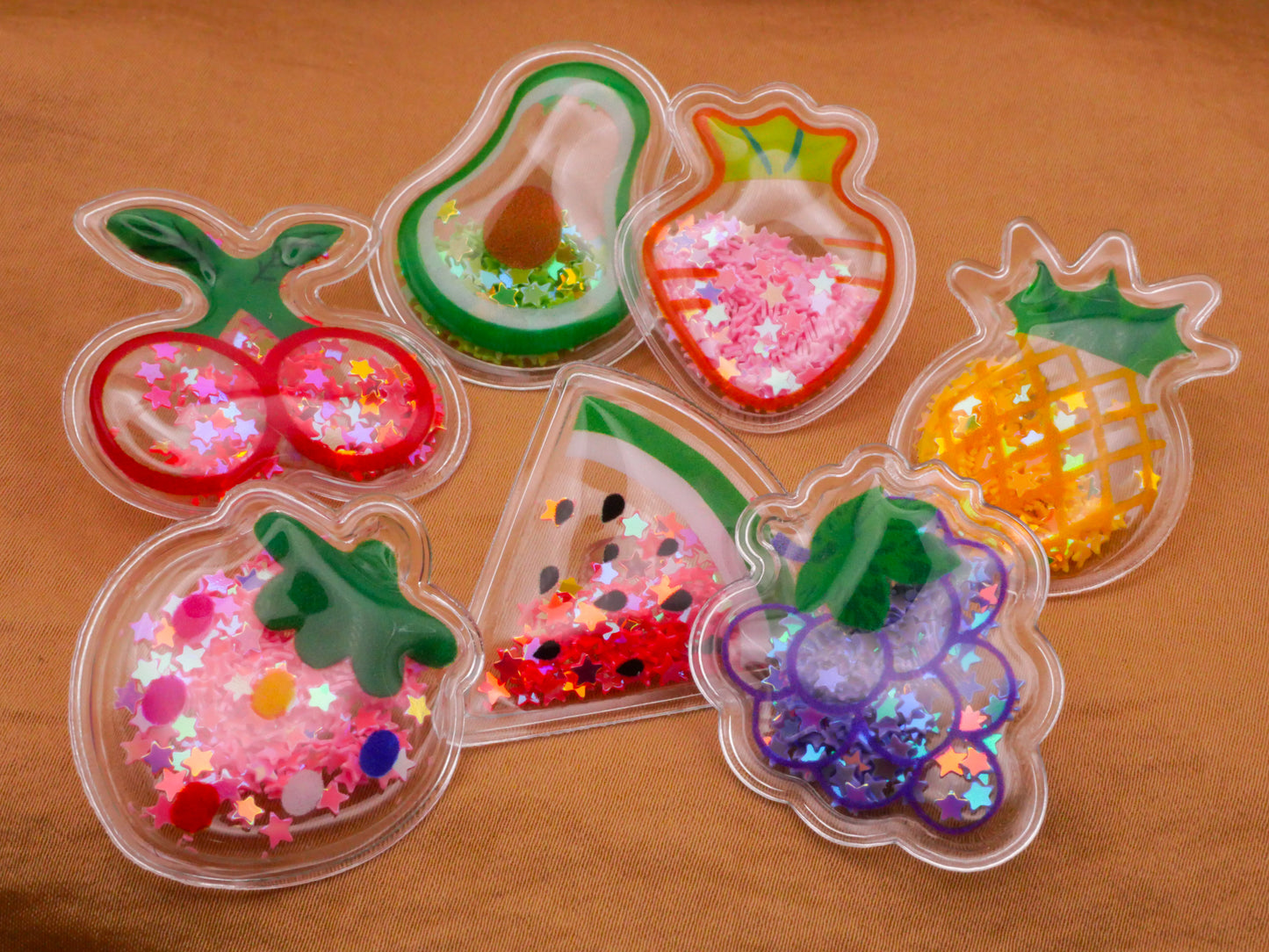 Fruit Vegetable Glitter Moveable Pliable Plastic Set of Seven Buttons 30-35mm
