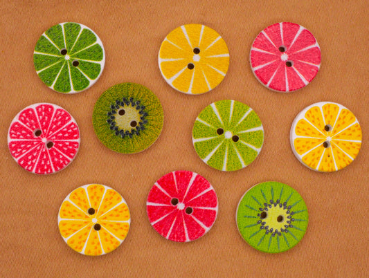 Fruit Citrus Slices Wood Assorted Set of Ten Buttons 15mm