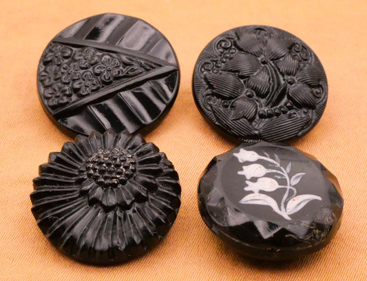 Flower Floral Black Vintage Antique Glass Button Various 17-19mm