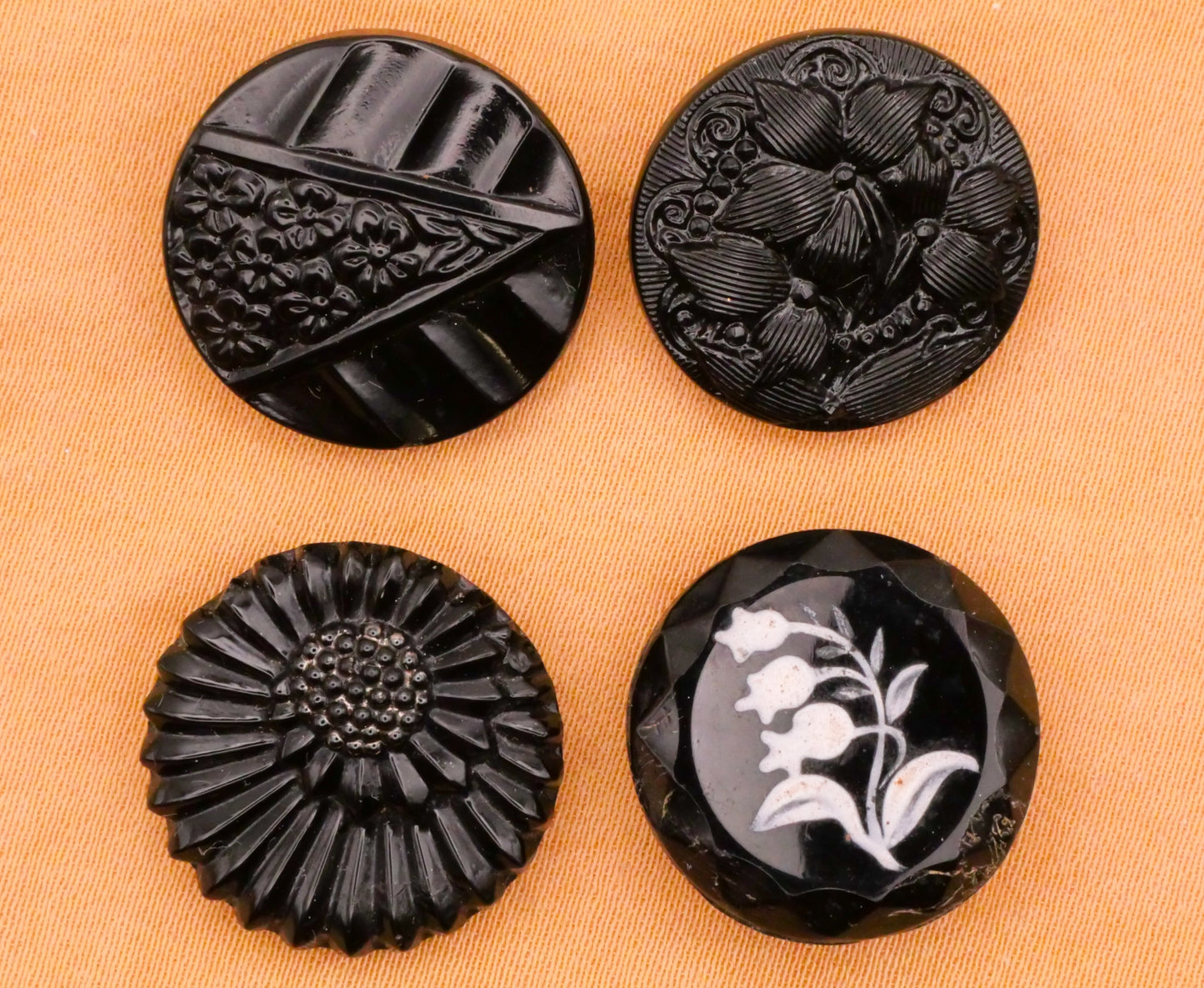 Flower Floral Black Vintage Antique Glass Button Various 17-19mm
