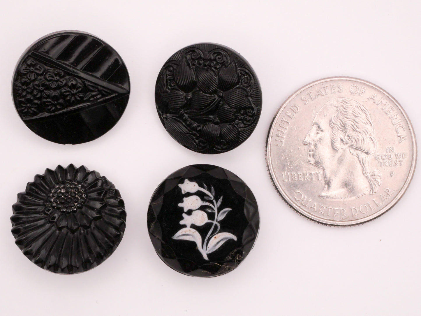 Flower Floral Black Vintage Antique Glass Button Various 17-19mm