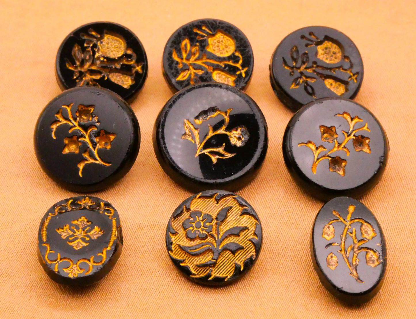 Flower Floral Black Gold Glass Antique Button Various 11-18mm