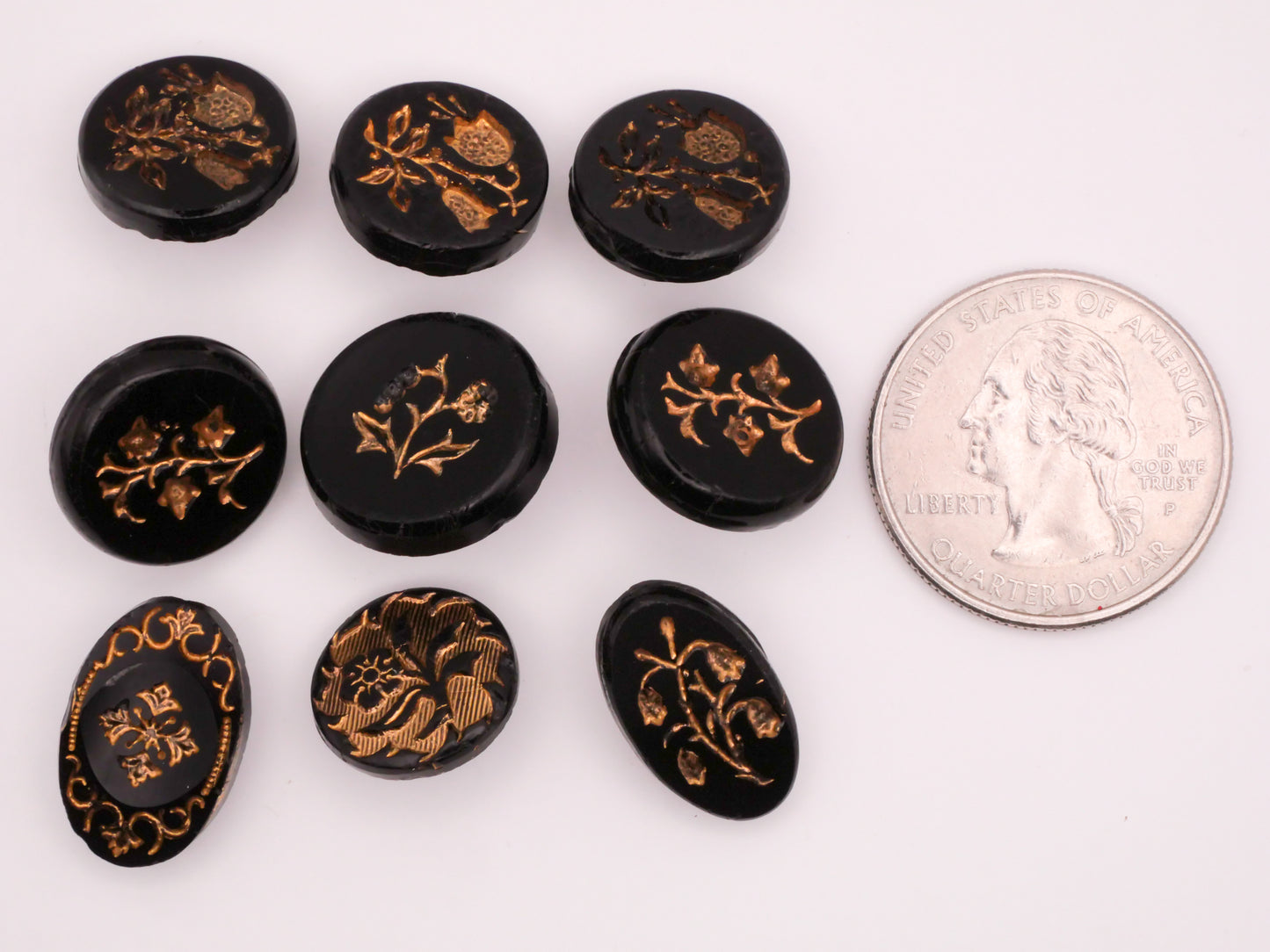 Flower Floral Black Gold Glass Antique Button Various 11-18mm