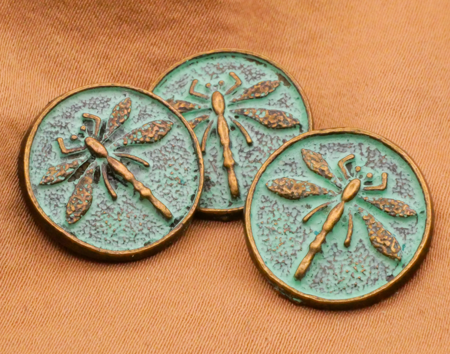 Dragonfly Insect Green Patina Metal Button 17mm