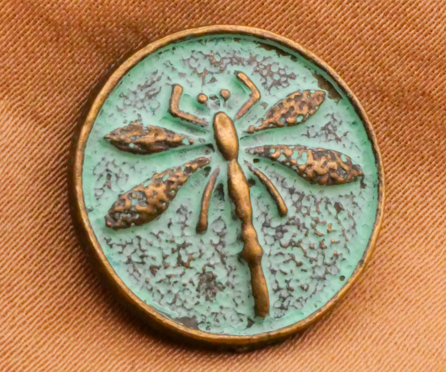 Dragonfly Insect Green Patina Metal Button 17mm