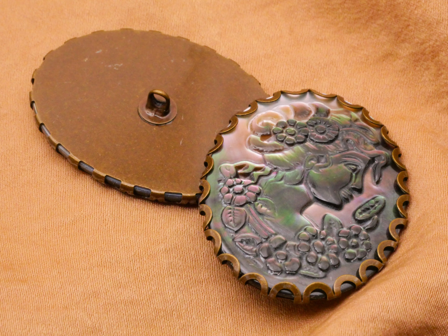 Cameo Art Nouveau Smoky Mother of Pearl Large Metal Button Various 31x41mm