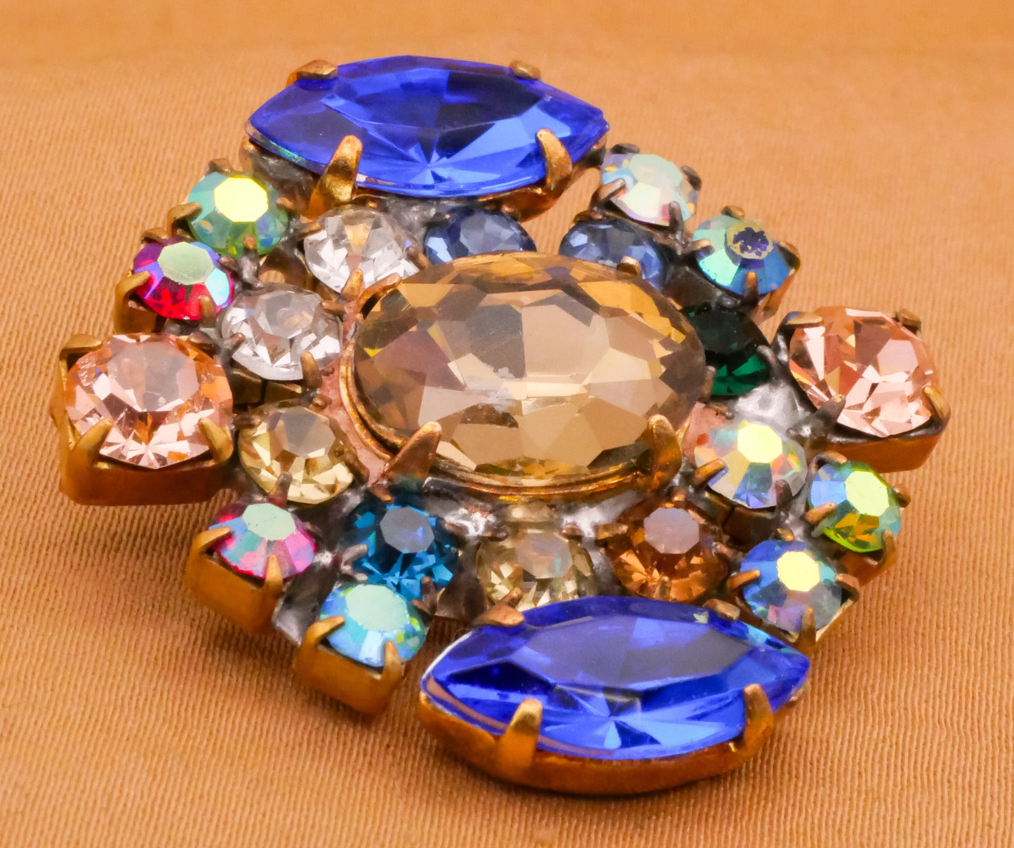 Czech Rhinestone Blue Green Taupe Glass Metal Large Button 34x35mm