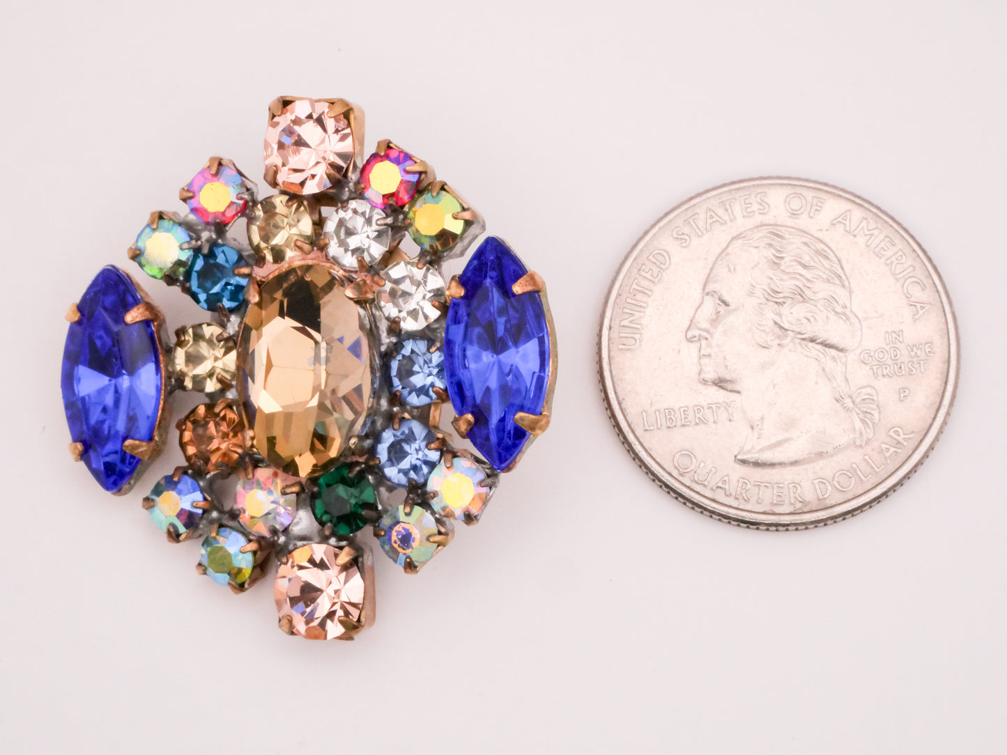 Czech Rhinestone Blue Green Taupe Glass Metal Large Button 34x35mm