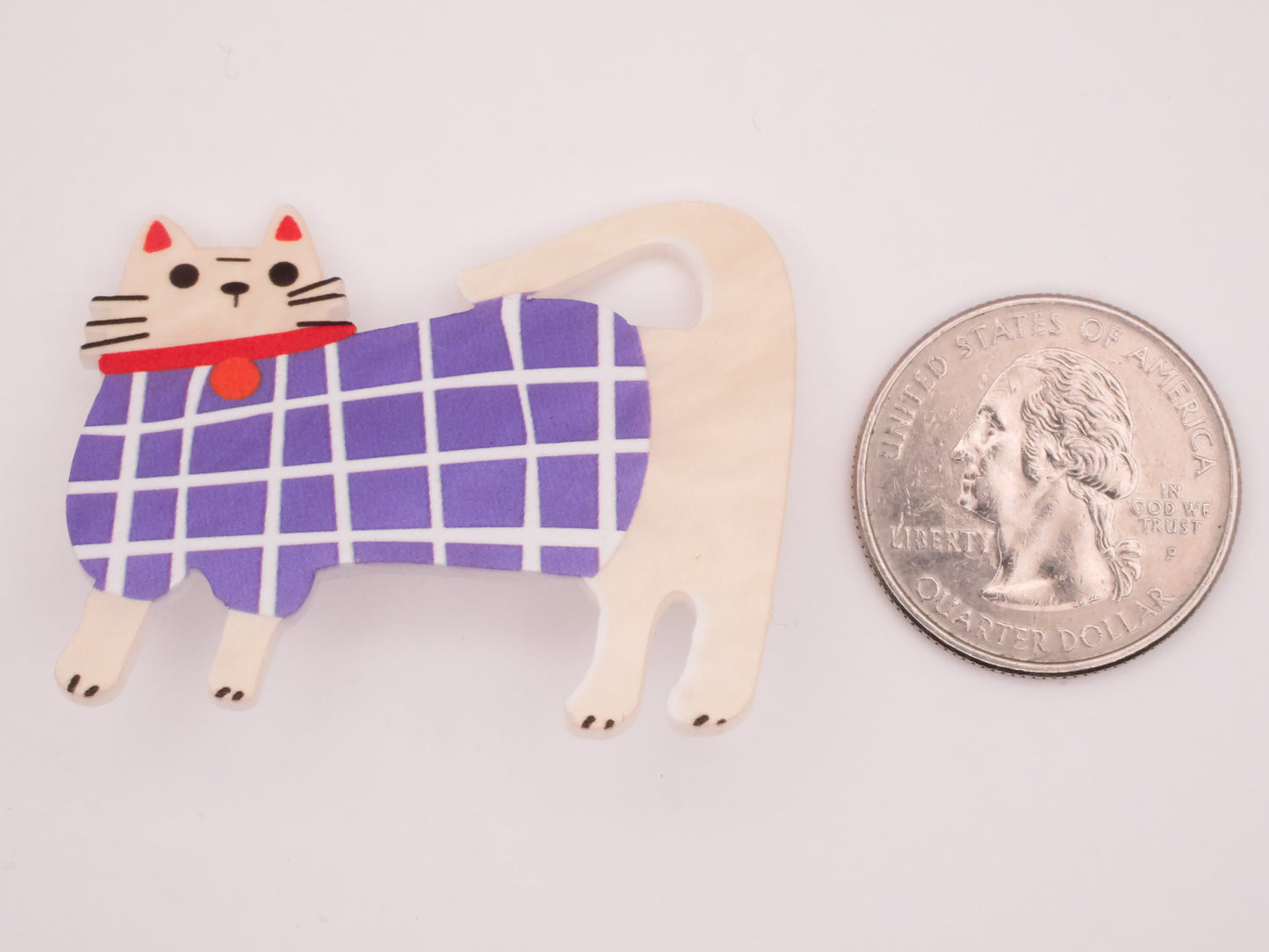 White Cat Kitty Plaid Blue Sweater Large Plastic Button 36x45mm