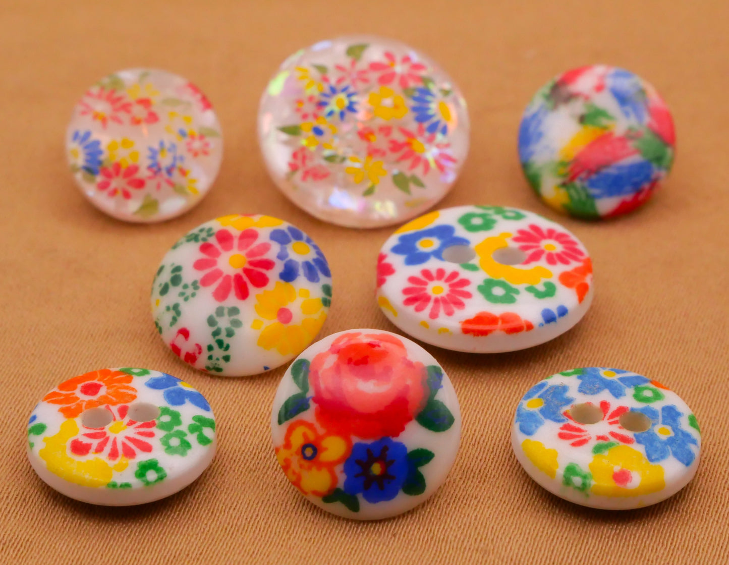 Primary Retro Flowers or Abstract Plastic Button Various 11-16mm