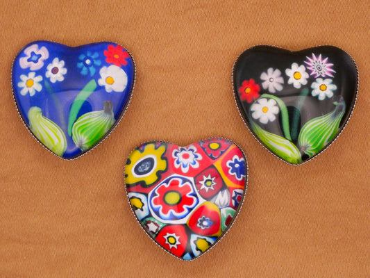 Heart Millefiori Look Image Glass Silver Metal Button Various 25x26mm