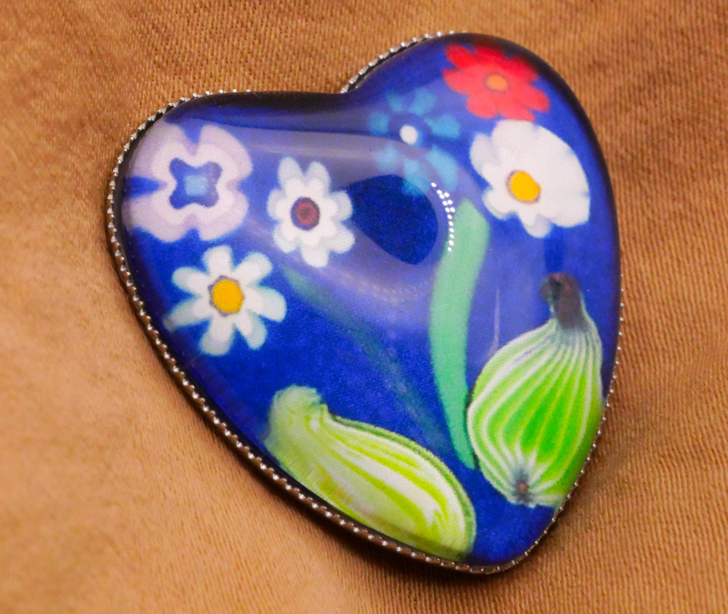 Heart Millefiori Look Image Glass Silver Metal Button Various 25x26mm