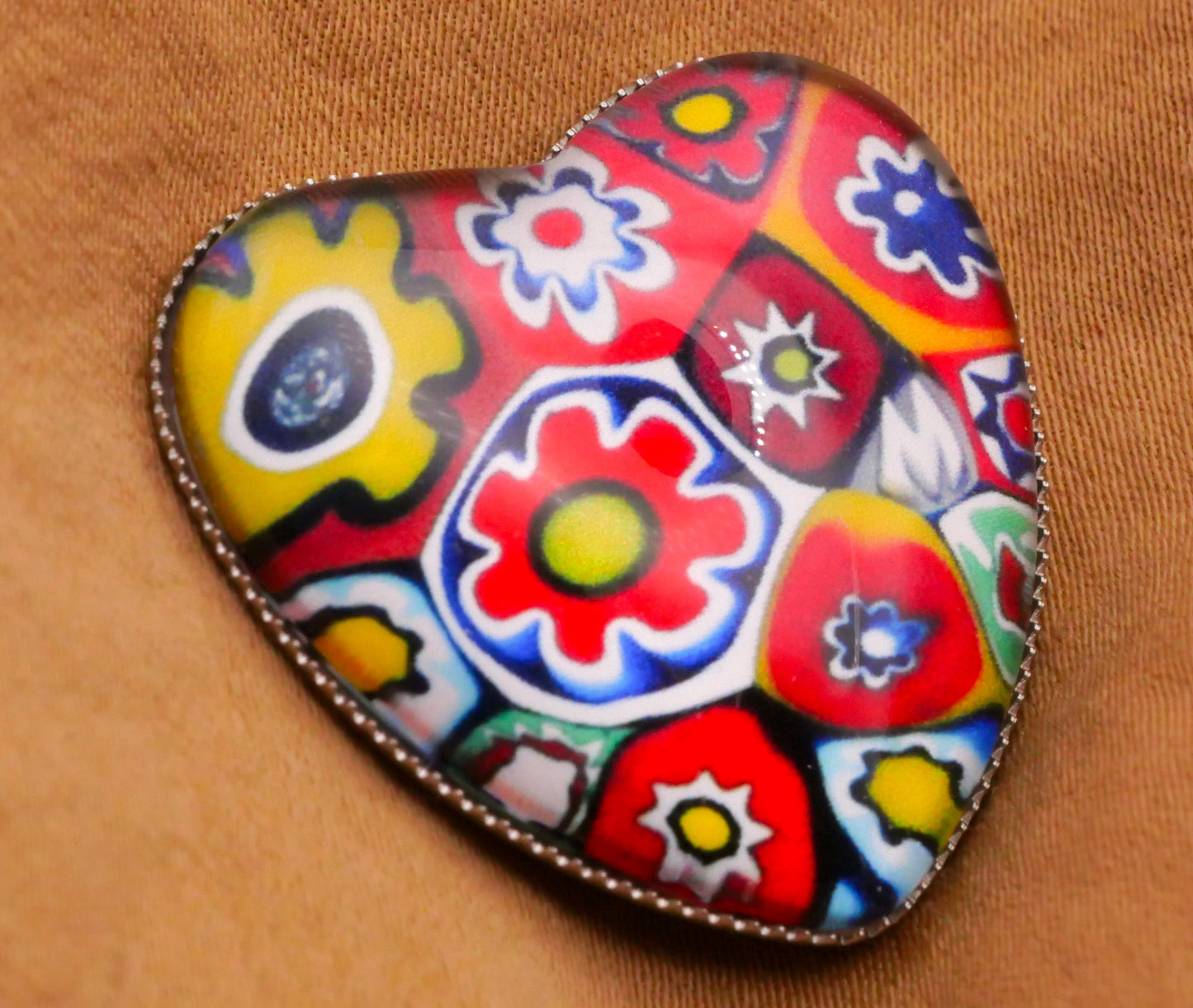 Heart Millefiori Look Image Glass Silver Metal Button Various 25x26mm