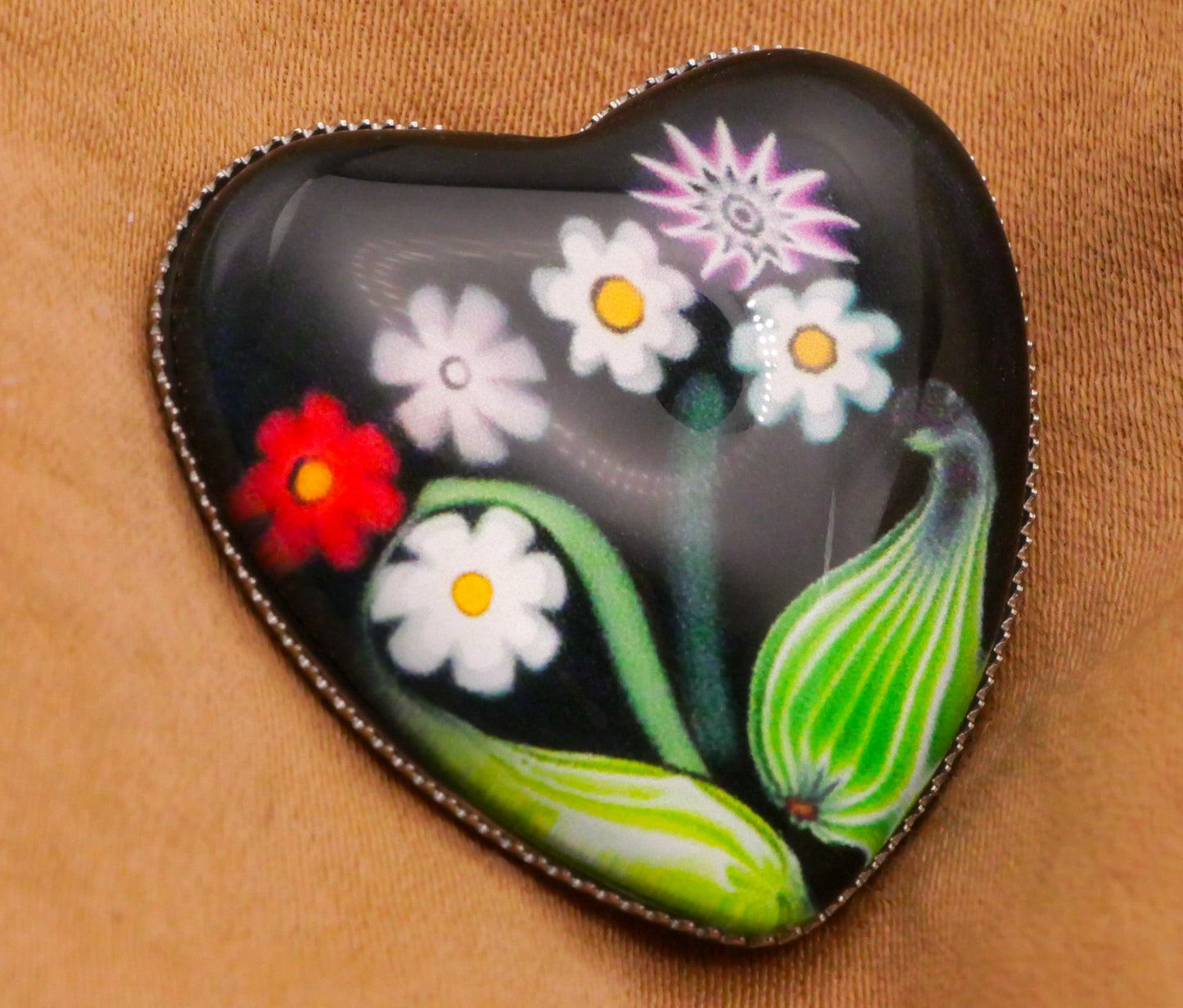 Heart Millefiori Look Image Glass Silver Metal Button Various 25x26mm