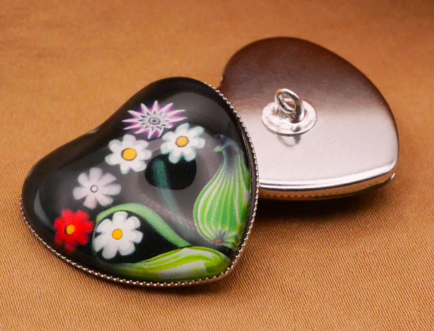 Heart Millefiori Look Image Glass Silver Metal Button Various 25x26mm
