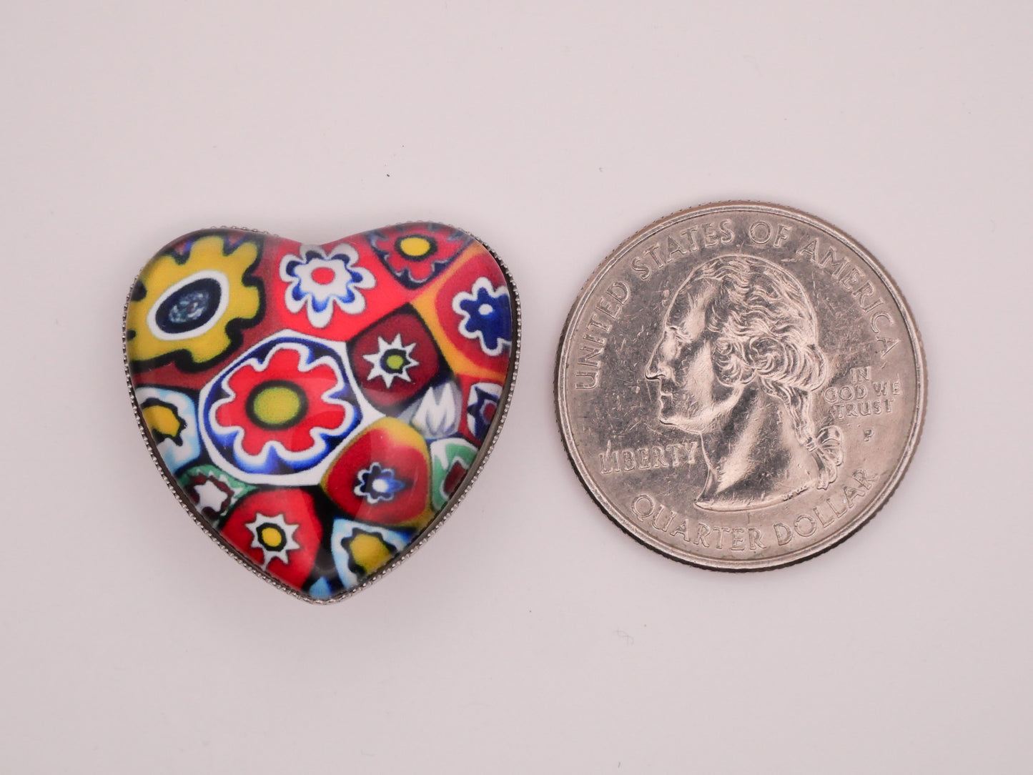 Heart Millefiori Look Image Glass Silver Metal Button Various 25x26mm