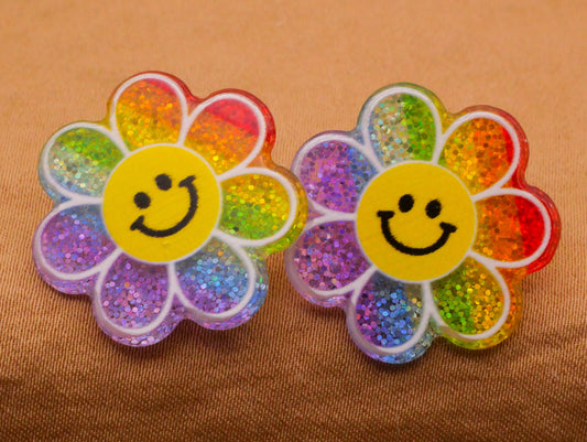 Smiley Face Rainbow Daisy Glitter Plastic Pair of Buttons 22mm