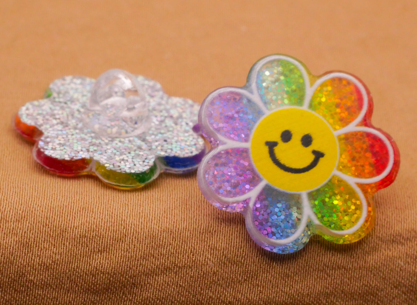 Smiley Face Rainbow Daisy Glitter Plastic Pair of Buttons 22mm