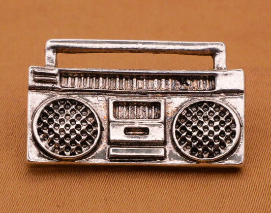 Boombox Radio Realistic Antiqued Silver Metal Button 17x27mm
